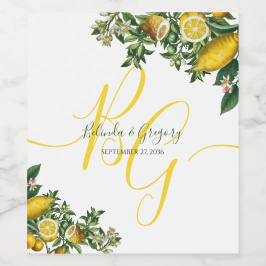 Rustic Yellow Lemon & Foliage Greenery Wedding Wijn Etiket (Enkel label)