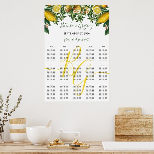 Rustic Yellow Lemon Greenery Wedding Seating Chart Poster (Keuken)