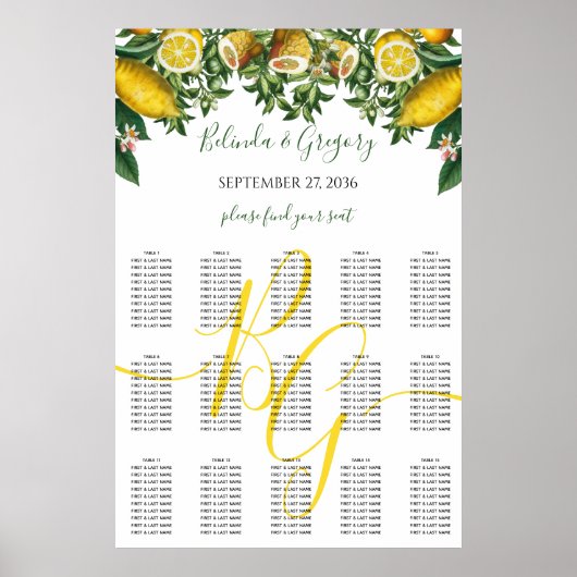 Rustic Yellow Lemon Greenery Wedding Seating Chart Poster (Voorkant)