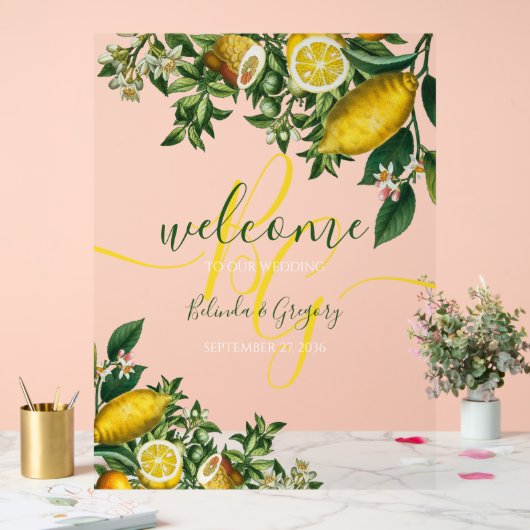 Rustic Yellow Lemon Greenery Wedding Welcome Sign Acryl Bord (Huwelijk)