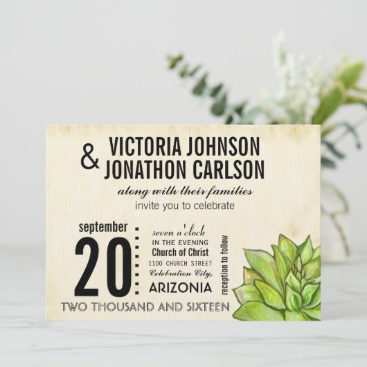 Rustic Yellow Limoen Succulent Typography Wedding Kaart (Staand voorkant)