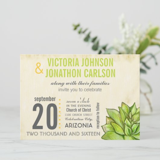 Rustic Yellow Limoen Succulent Typography Wedding Kaart (Staand voorkant)