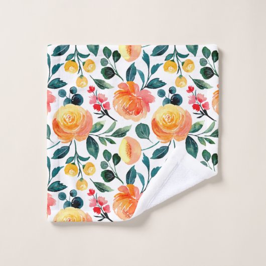 Rustic Yellow Oranje Waterverf Flowers Patroon Bad Handdoek (Wasdoekje)