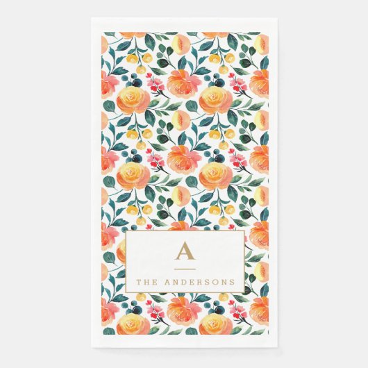 Rustic Yellow Oranje Waterverf Flowers Patroon Servet (Voorkant)