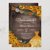 Rustic Yellow Rose Glitter Gown Fiesta Quinceañera Kaart (Voorkant / Achterkant)