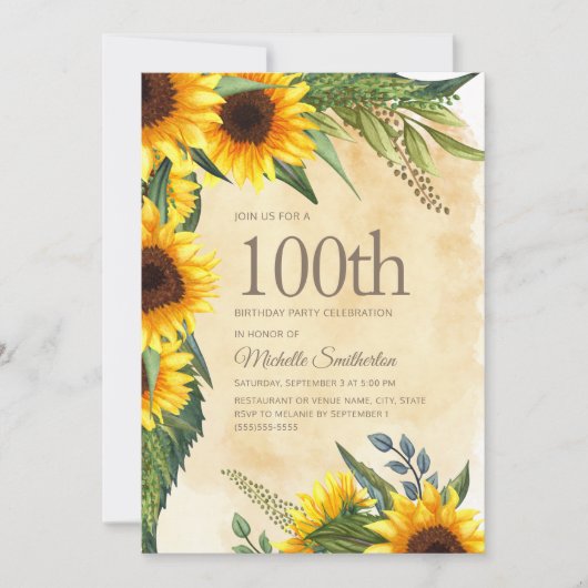 Rustic Yellow Sunflower 100th Birthday Kaart (Voorkant)