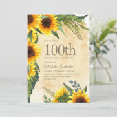 Rustic Yellow Sunflower 100th Birthday Kaart (Staand voorkant)