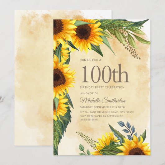 Rustic Yellow Sunflower 100th Birthday Kaart (Voorkant / Achterkant)