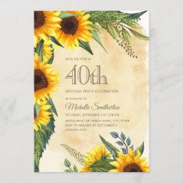 Rustic Yellow Sunflower 40th Birthday Kaart