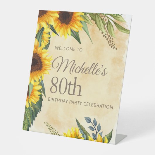 Rustic Yellow Sunflower 80th Birthday Reclamebord Met Voetstuk (Voorkant)