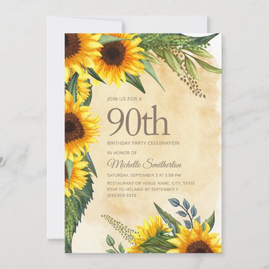 Rustic Yellow Sunflower 90th Birthday Kaart (Voorkant)