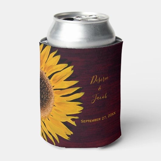 Rustic Yellow Sunflower Burgundy Wood Weddenschap Blikjeskoeler (Blikje Voorkant)