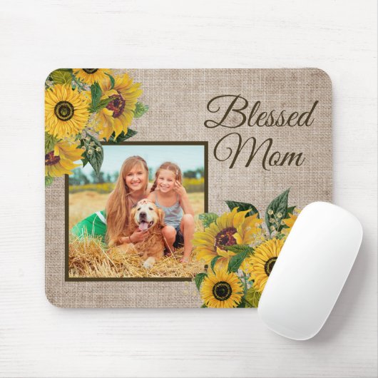 Rustic Yellow Sunflower Burlap Blessed Ma Foto Muismat (Met muis)