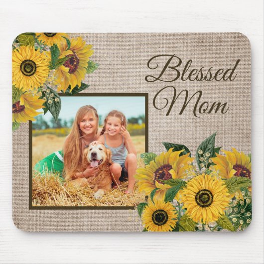 Rustic Yellow Sunflower Burlap Blessed Ma Foto Muismat (Voorkant)