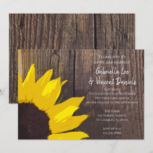 Rustic Yellow Sunflower en Barn Wood Wedding Kaart (Voorkant / Achterkant)