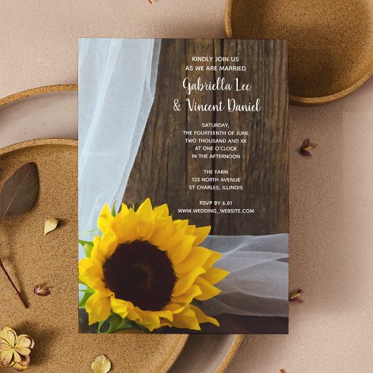 Rustic Yellow Sunflower en Barn Wood Wedding Kaart