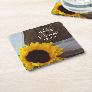 Rustic Yellow Sunflower en Barn Wood Wedding Kartonnen Onderzetters