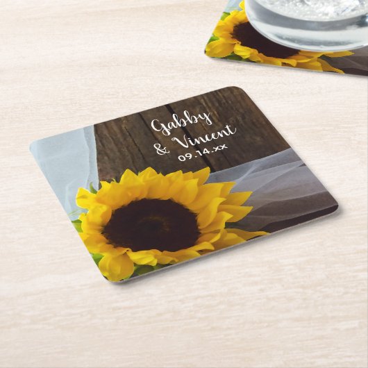 Rustic Yellow Sunflower en Barn Wood Wedding Kartonnen Onderzetters (Schuin)