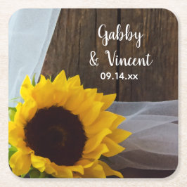 Rustic Yellow Sunflower en Barn Wood Wedding Kartonnen Onderzetters