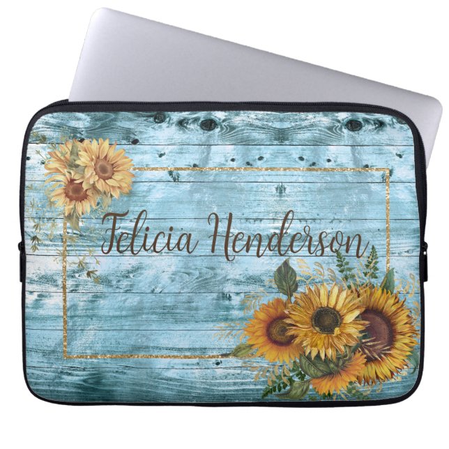 Rustic Yellow Sunflower Name Laptop Sleeve (Voorkant)