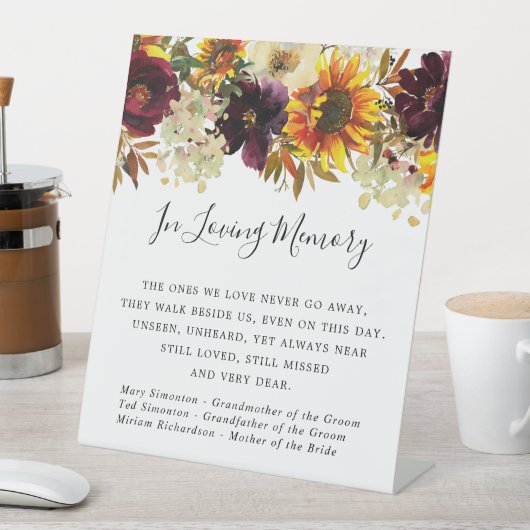 Rustic Yellow Sunflower Wedding Memorial Reclamebord Met Voetstuk (Insitu)