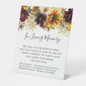 Rustic Yellow Sunflower Wedding Memorial Reclamebord Met Voetstuk (Voorkant)