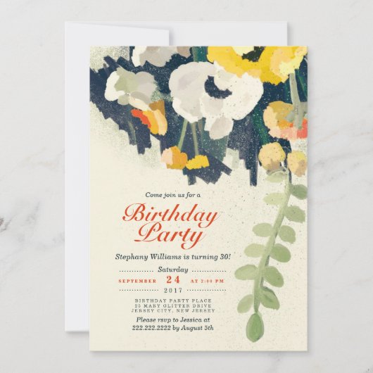 Rustic Yellow White Floral Birthday Party Invite Kaart (Voorkant)