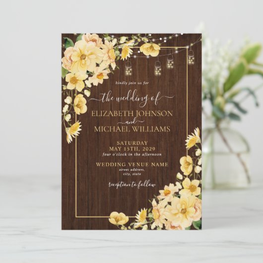 Rustic Yellow Wood Script Floral Wedding Kaart (Staand voorkant)