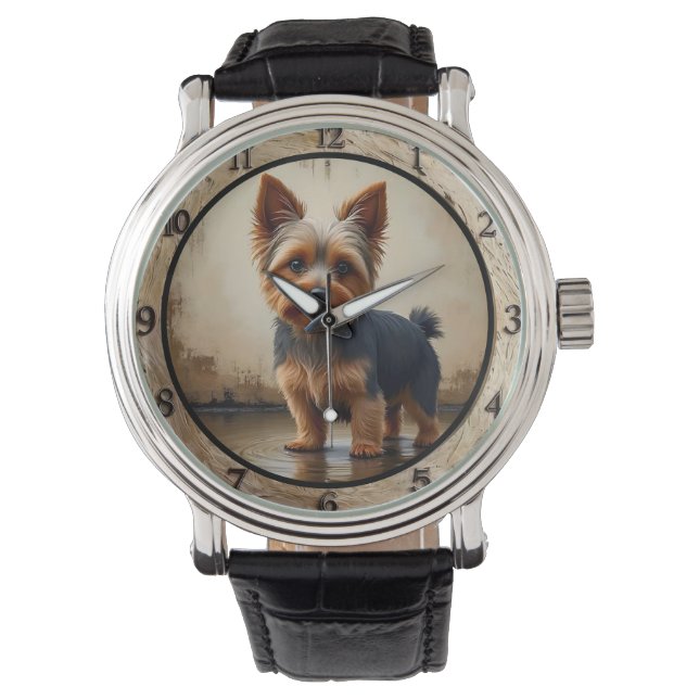 Rustic Yorkshire Terrier Dog Horloge (Voorkant)