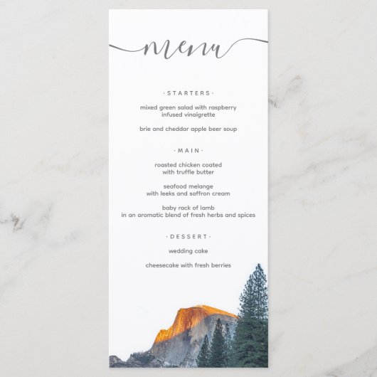Rustic Yosemite Half Dome Sunset Wedding Menu (Voorkant)