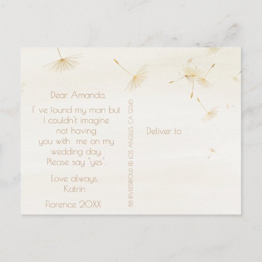 Rustic zal je zijn mijn Bridesmaid Dandelion Ivory Uitnodiging Briefkaart (Achterkant)