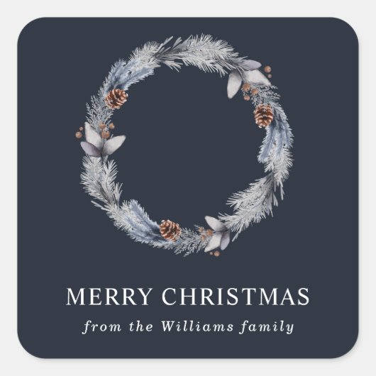 Rustic Zilveren Blauwe Winter Bloemenkrans Vierkante Sticker (Voorkant)