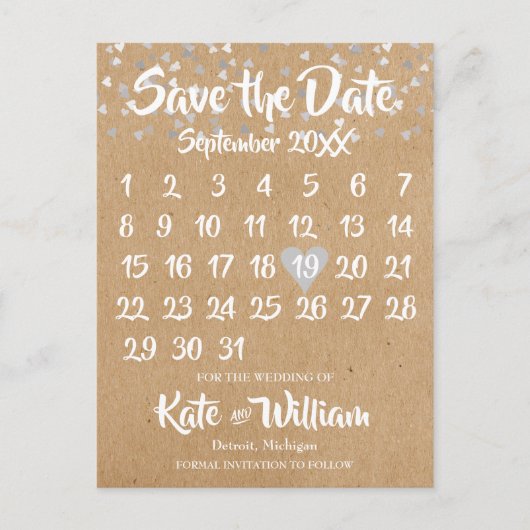 Rustic Zilveren Hart Kalender Save the Date Liefde Aankondigingskaart (Voorkant)