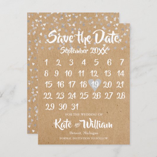 Rustic Zilveren Hartjes Kalender Bewaar de Datum Aankondigingskaart (Voorkant / Achterkant)