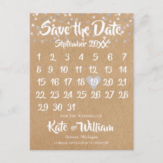 Rustic Zilveren Hartjes Kalender Bewaar de Datum Aankondigingskaart (Voorkant)