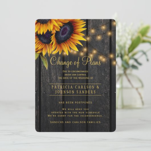Rustic zonnebloemen wijziging van plannen aankondi kaart (Staand voorkant)