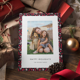 Rustic Zwart en Rood Kerstpatroon Foto Feestdagenkaart