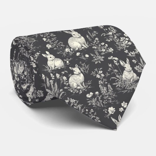 Rustic Zwart Konijn Botanisch Toile Patroon Stropdas (Opgerold)