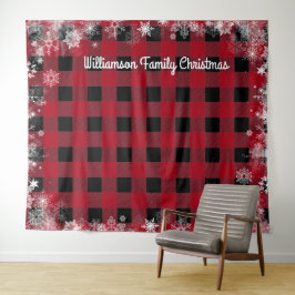 Rustic Zwart Rood Geruit Sneeuw Kerst Foto Booth Wandkleed