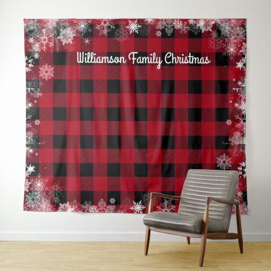 Rustic Zwart Rood Geruit Sneeuw Kerst Foto Booth Wandkleed (In Situ (horizontaal))