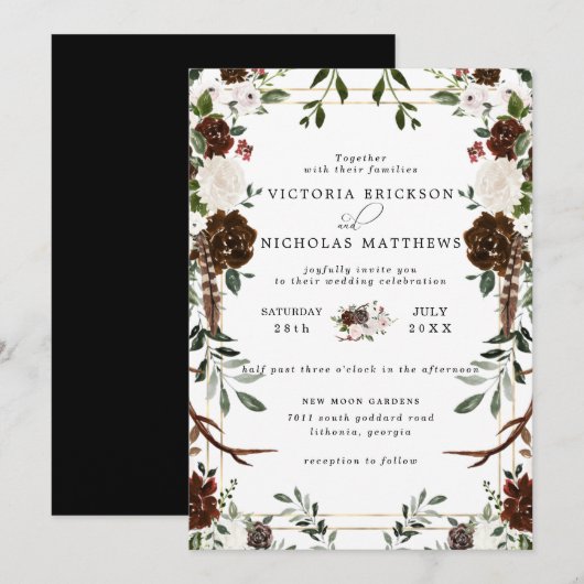 Rusticaal Bloemmotief | Boho Botanische Bruiloft Kaart (Voorkant / Achterkant)