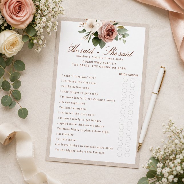 Rusticale Bloemen Hij Zei Zij Zei Bruidsdouche Spe (He Said - She Said, Fun Bridal Shower Game)