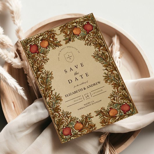 Rusticale botanische granaatappel bruiloft save the date