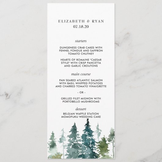Rusticale Minimalistische Waterverf Dennen Huwelij Menu (Voorkant)
