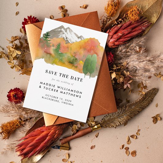 Rusticale Waterverf Herfst Berg Bruiloft Foto Save The Date