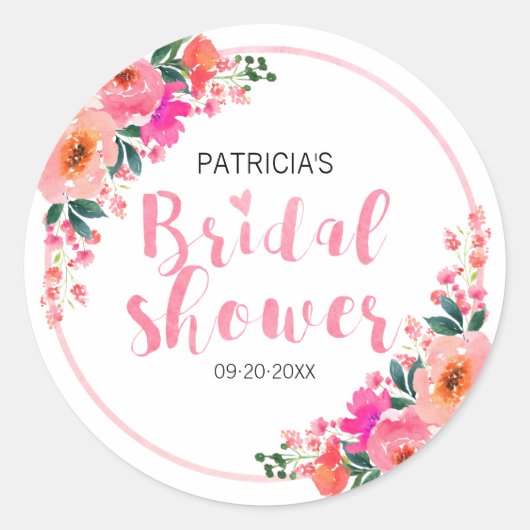 Rusticale Waterverf Roze Bloemen Bruiloftsborrel Ronde Sticker (Voorkant)