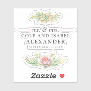 Rusticale waterverf succulenten namen & trouwdatum sticker
