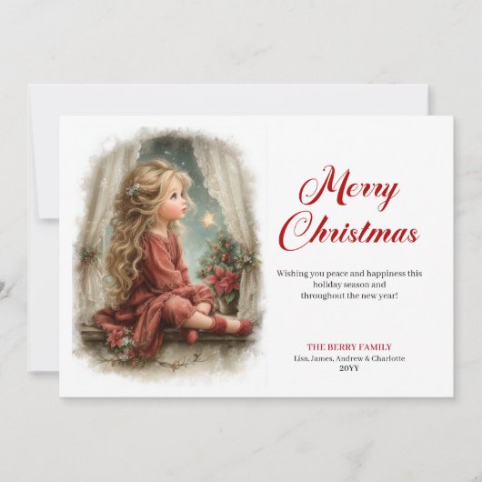 Rusticmode Little Girl Awaits Santa Digital   Feestdagenkaart (Voorkant)