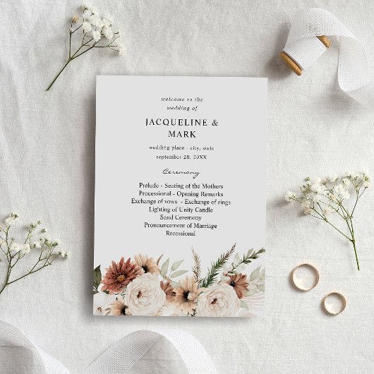 RusticNeutral Boho Floral Wedding Ceremony Program Kaart