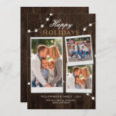 Rustiek 3 Familie Foto's en Fairy Lights Kerstmis Feestdagenkaart (Voorkant / Achterkant)